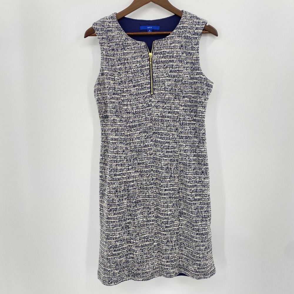 Apt 9 Tweed Dress Womens Medium Blue White Gold Career Office Academia Preppy